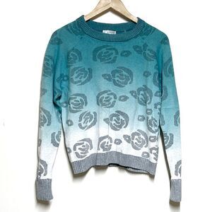 Kinross Cashmere Dip Dyed Blue Rose Print Crew neck Sweater Womens Sz M